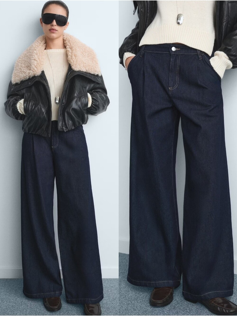 MANGO Wide Pleated Jeans